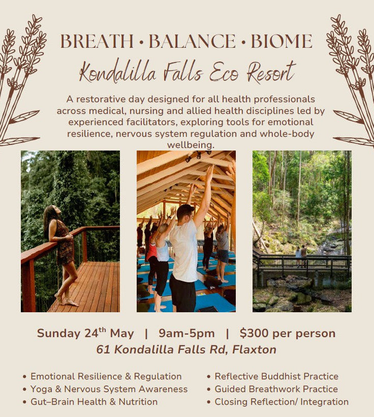A flyer for the Breath Balance Biome event- a restorative day for all health professionals.